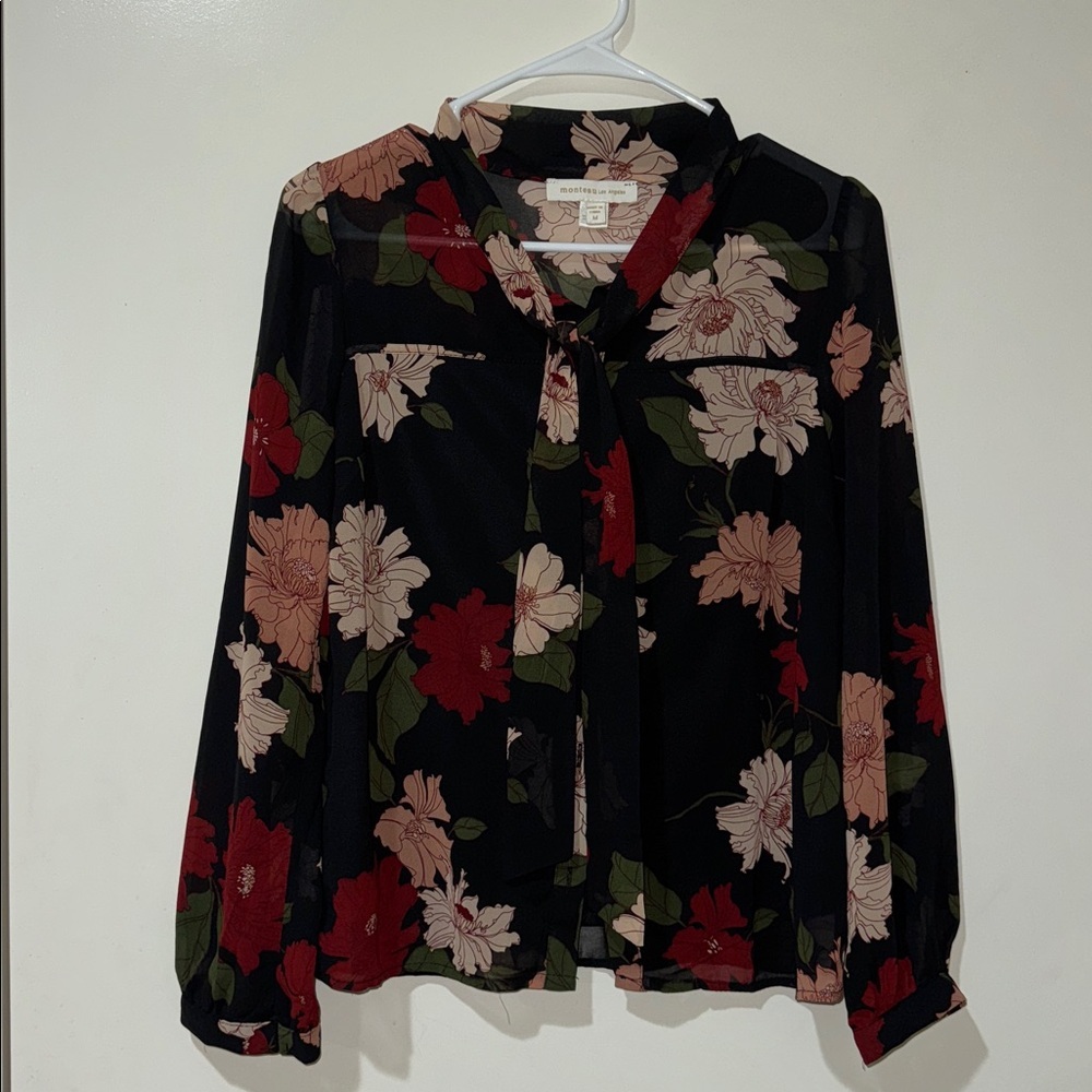 Monteau Black Floral Tie-Neck Blouse